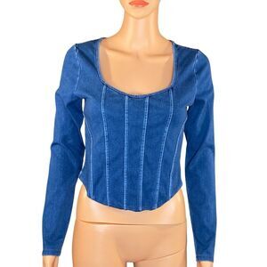 Express NWT Y2K Style Denim Crop Top Square Neckline Womens Size Sm Long Sleeve